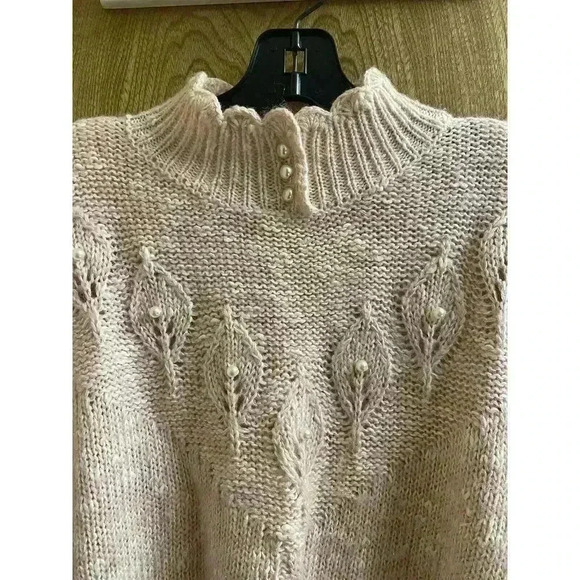 Vintage Ashley S Pink White Heathered Knit Sweater With Pearl Button Mock Neck S - Picture 2 of 14